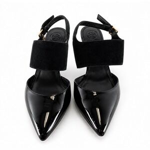Tory Burch Slingback Pumps Women 7.5M Black Good Patent Suede Mixed Media Heel‎